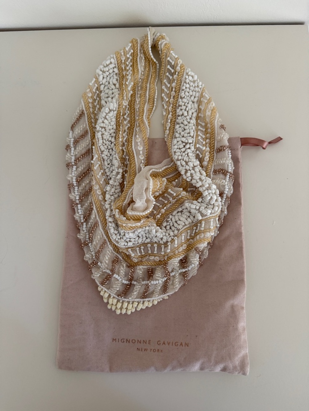 Mignonne Gavigan White and Gold Beaded Scarf Necklace